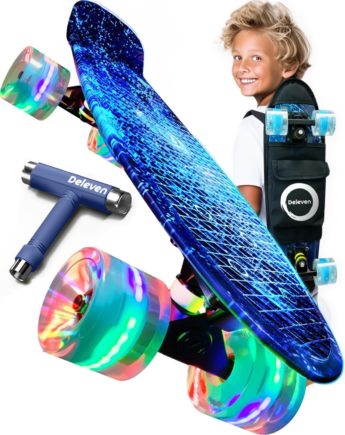 Deleven 22” Skateboard for Kids with Bright LED Wheels - Complete Gift Set with Carry Bag & Skate Tool - Mini Cruiser Retro Light Up Skateboard Made for Beginners, Girls & Boys
