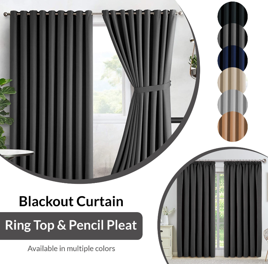 Thermal Blackout Eyelet and Pencil Pleat Door Window Curtains with two Tiebacks